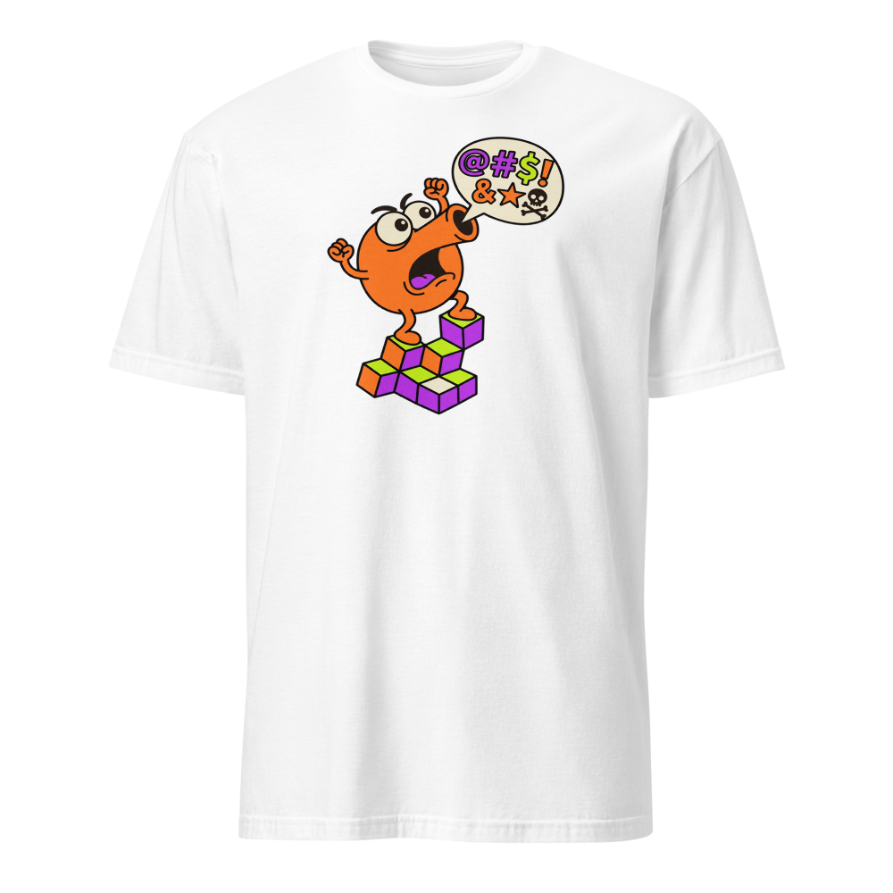 Rage Quit Arcade Gremlin Retro Cube Pyramid Tee — white front view