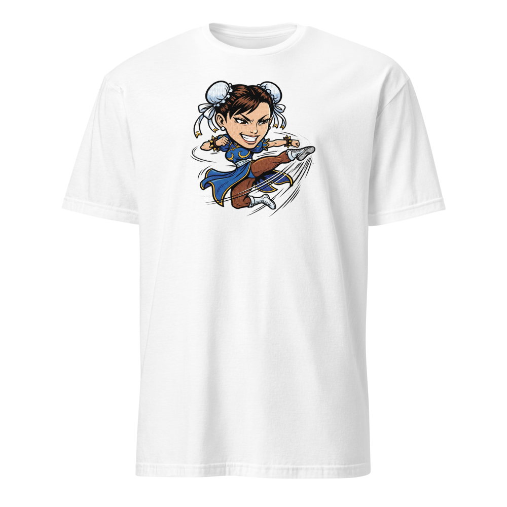 Arcade Fighter Spinning Kick Halftone Pop Art Tee — white front view