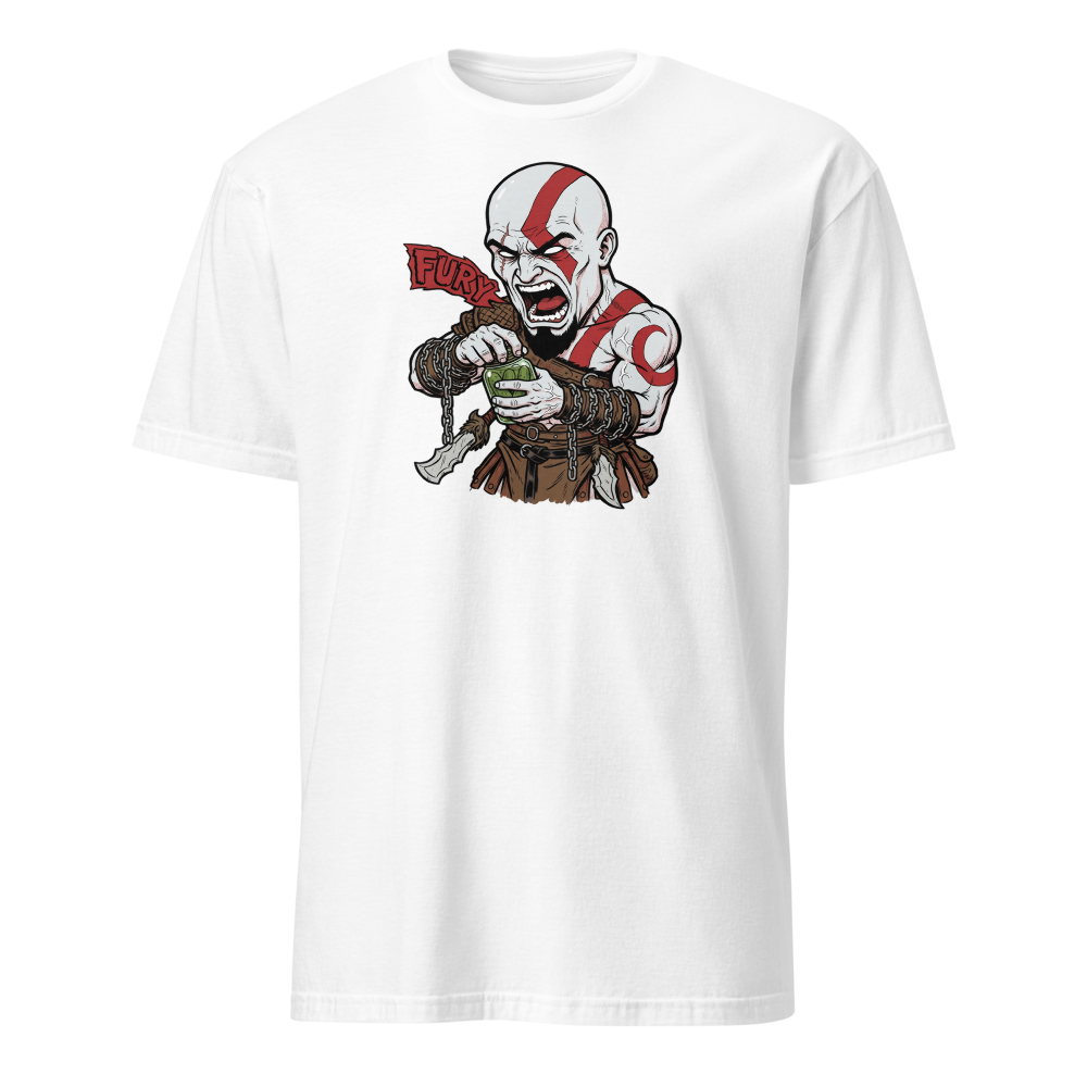 Spartan Rage Pickle Jar Comic Ink Gamer Tee â€” White front view