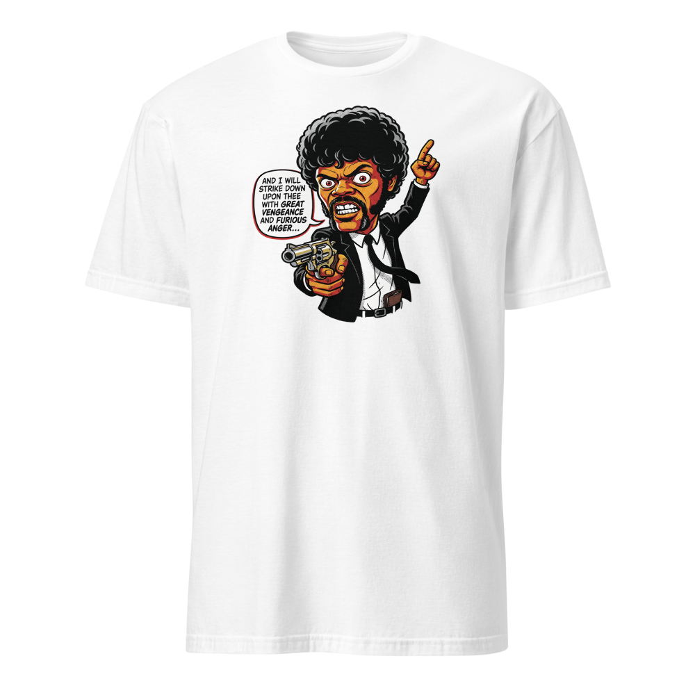 Righteous Hitman Halftone Pop Art Movie Tee — white front view