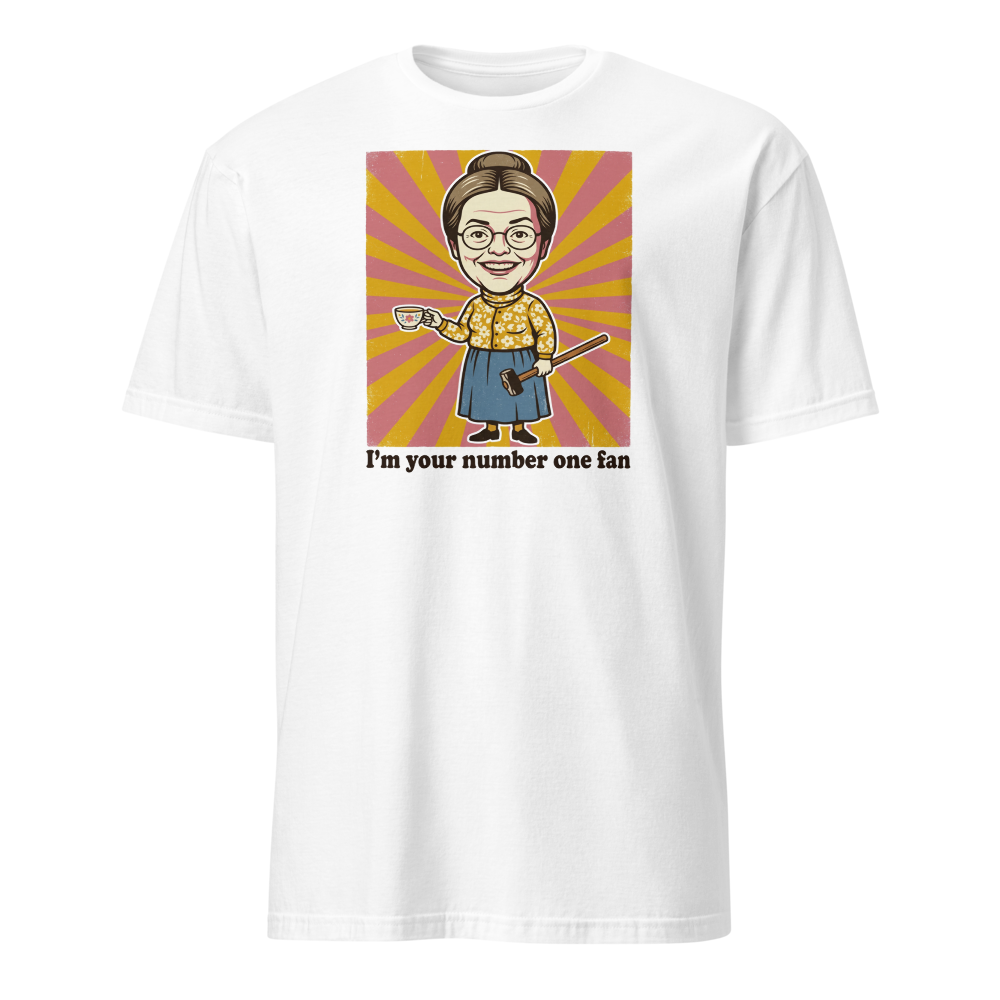 Number One Fan Creepy Housewife Horror Parody Tee — white front view