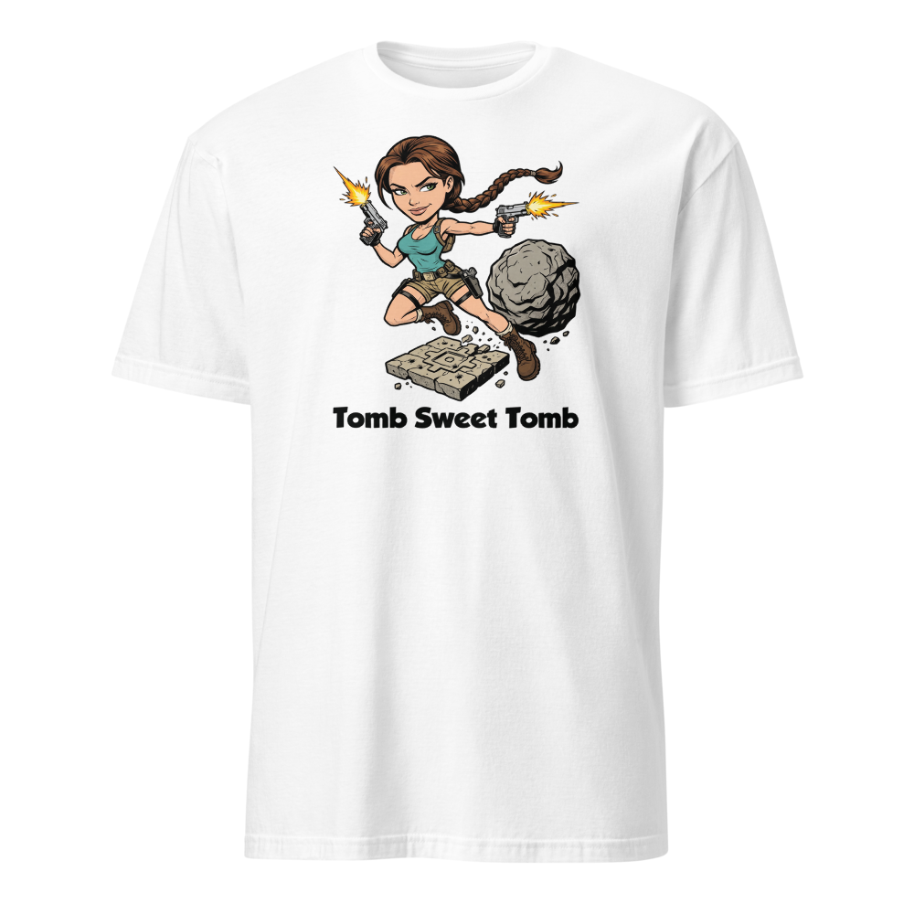 Tomb Sweet Tomb Action Heroine Adventure Tee — white front view