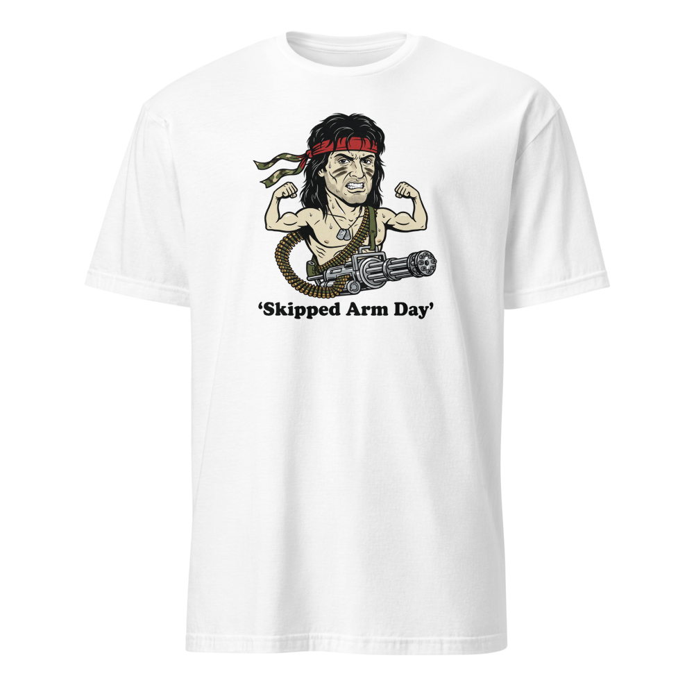 Skipped Arm Day One-Man Army Punk Action Tee — white front view