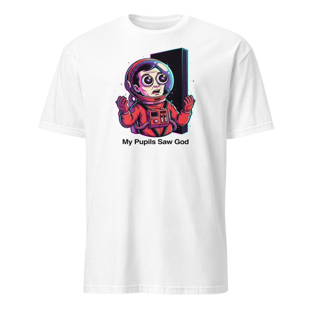 Cosmic Astronaut Monolith Neon Sci-Fi Parody Tee — white front view