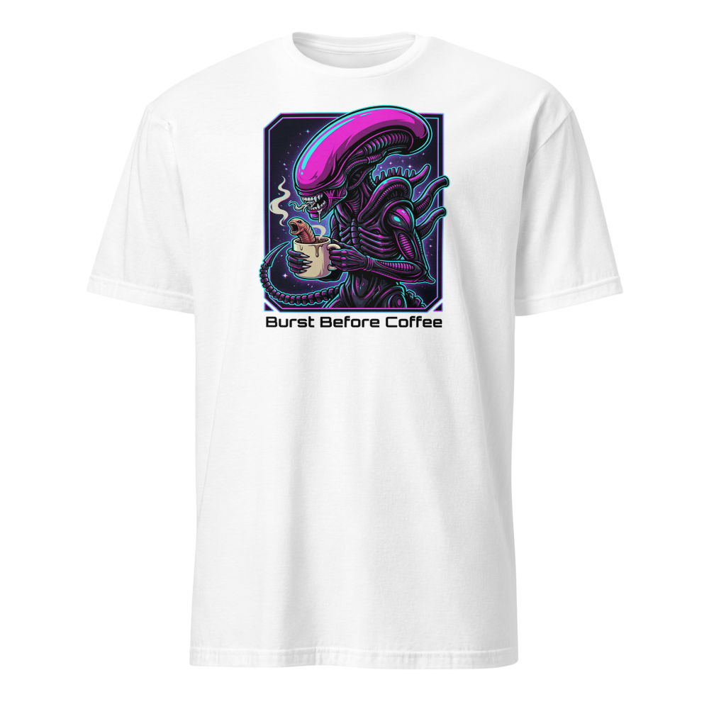 Burst Before Coffee Cyberpunk Alien Horror Tee — white front view