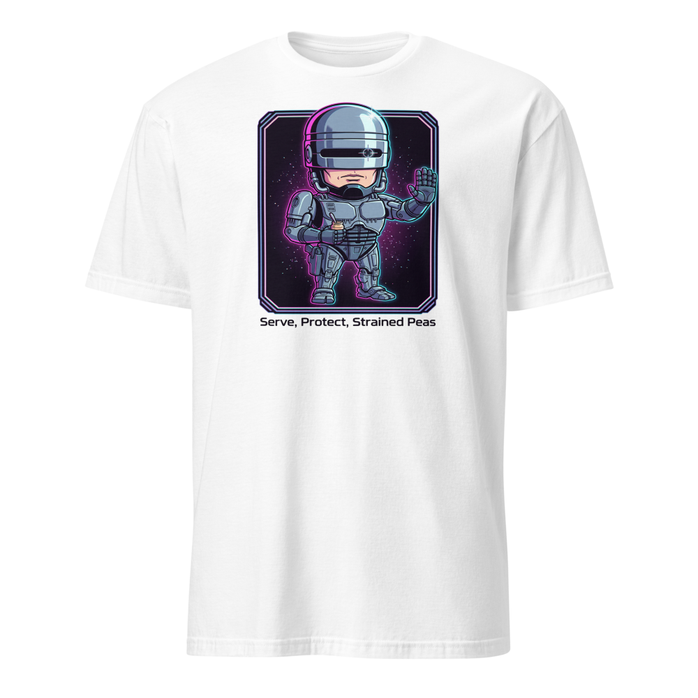 Cyborg Cop Strained Peas Cyberpunk Parody Tee — white front view