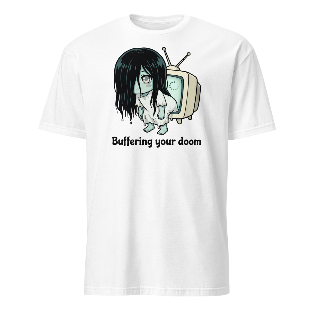 Buffering Your Doom Chibi Kawaii Horror Ghost Tee — white front view