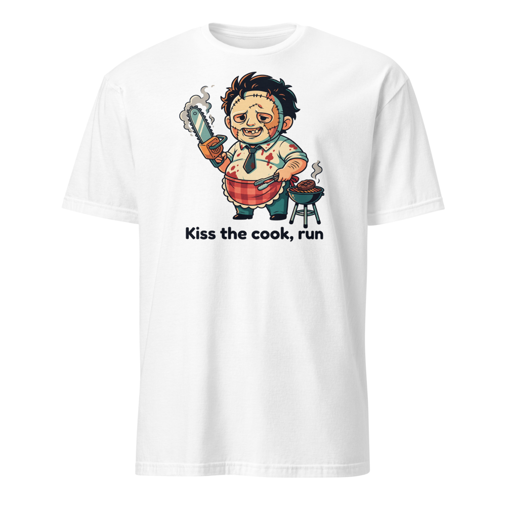 Chibi Slasher Grill Dad Chainsaw BBQ Horror Tee — white front view
