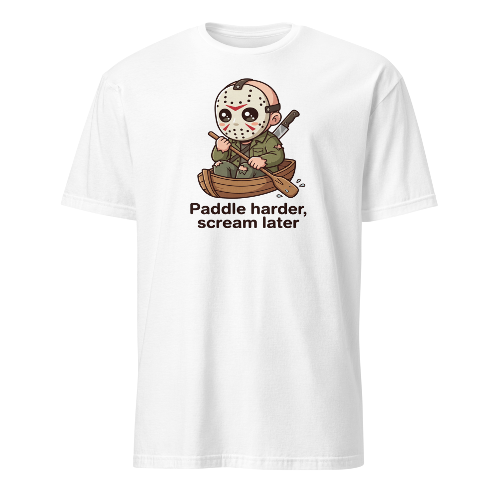 Chibi Slasher Camp Canoe Horror Parody Tee — white front view