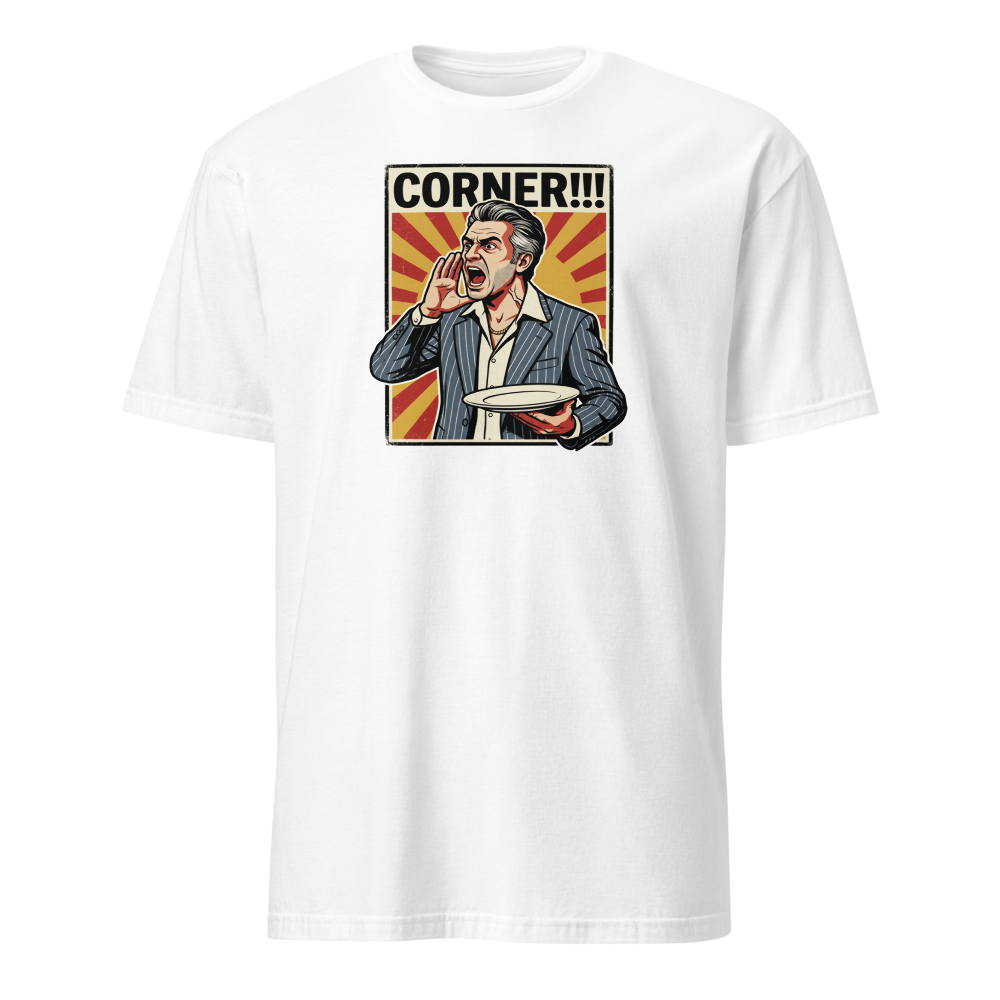 Corner Screaming Waiter Propaganda Fine Dining Tee — white front view