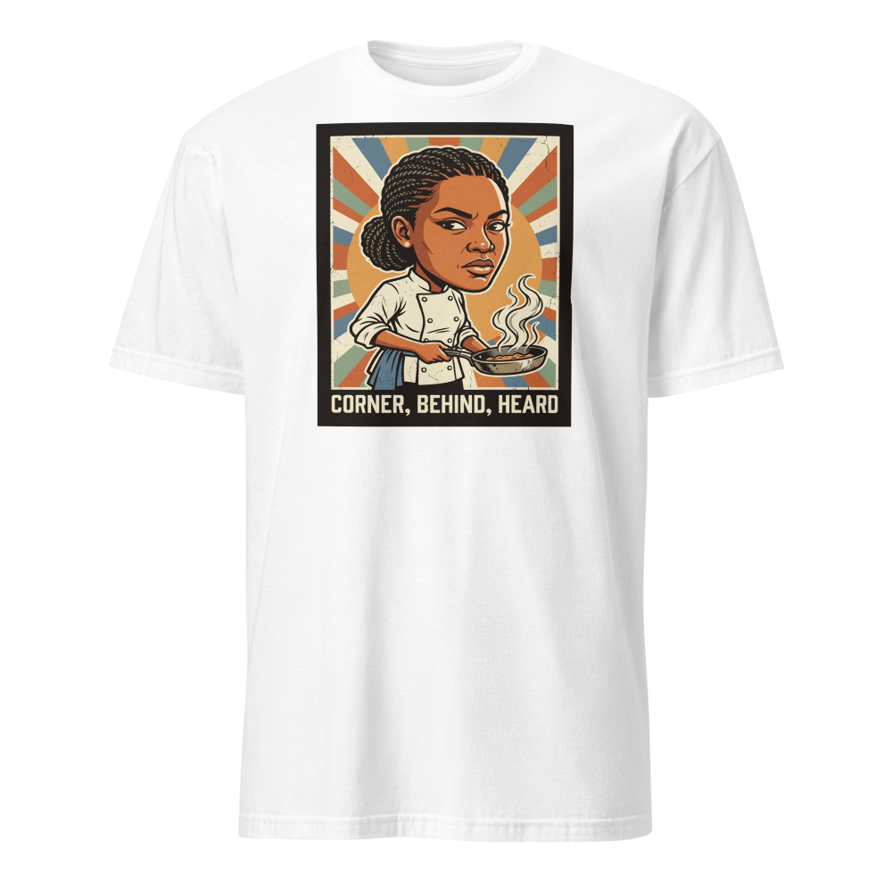 Side-Eye Chef Propaganda Screenprint Kitchen Tee — white front view