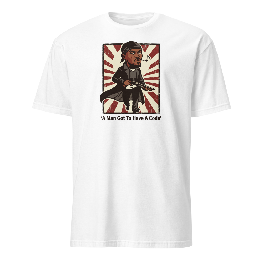 Whistling Stick-Up Man Code Propaganda Tee — white front view