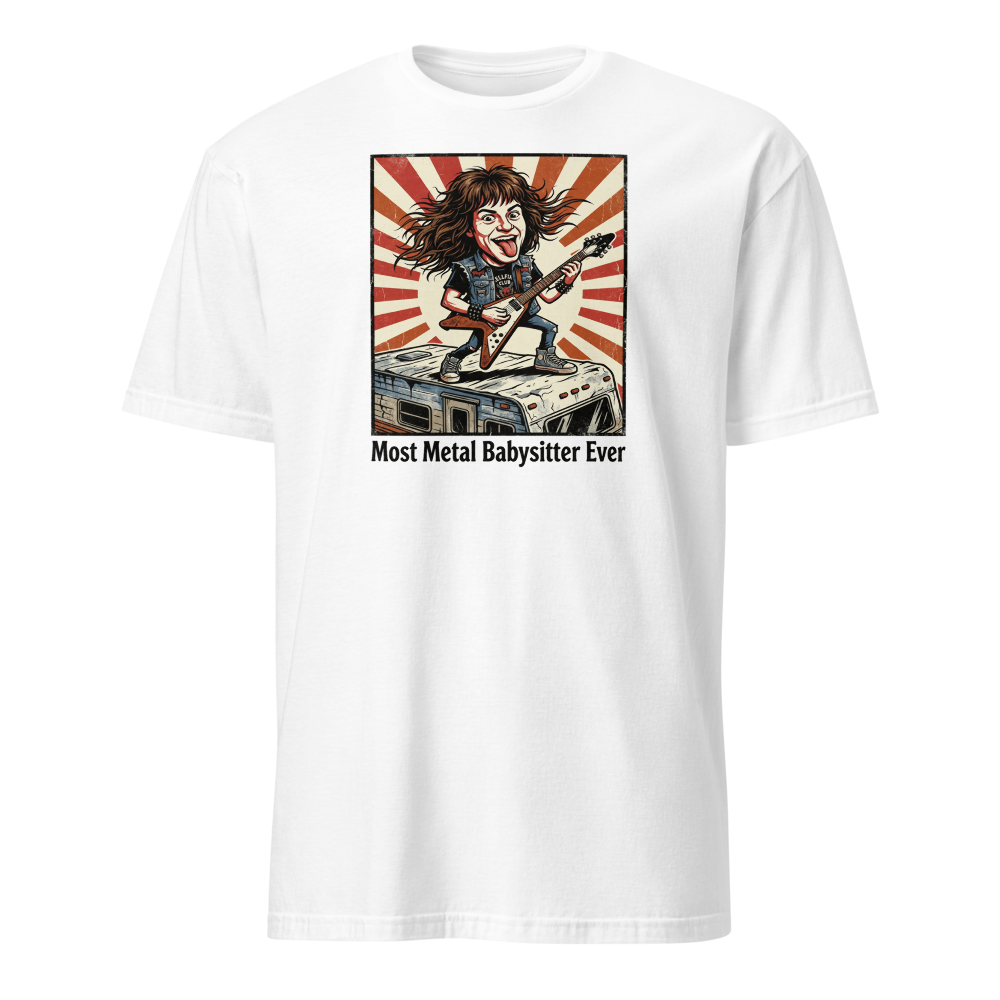 Most Metal Babysitter Ever Flying V Shredder Tee — white front view