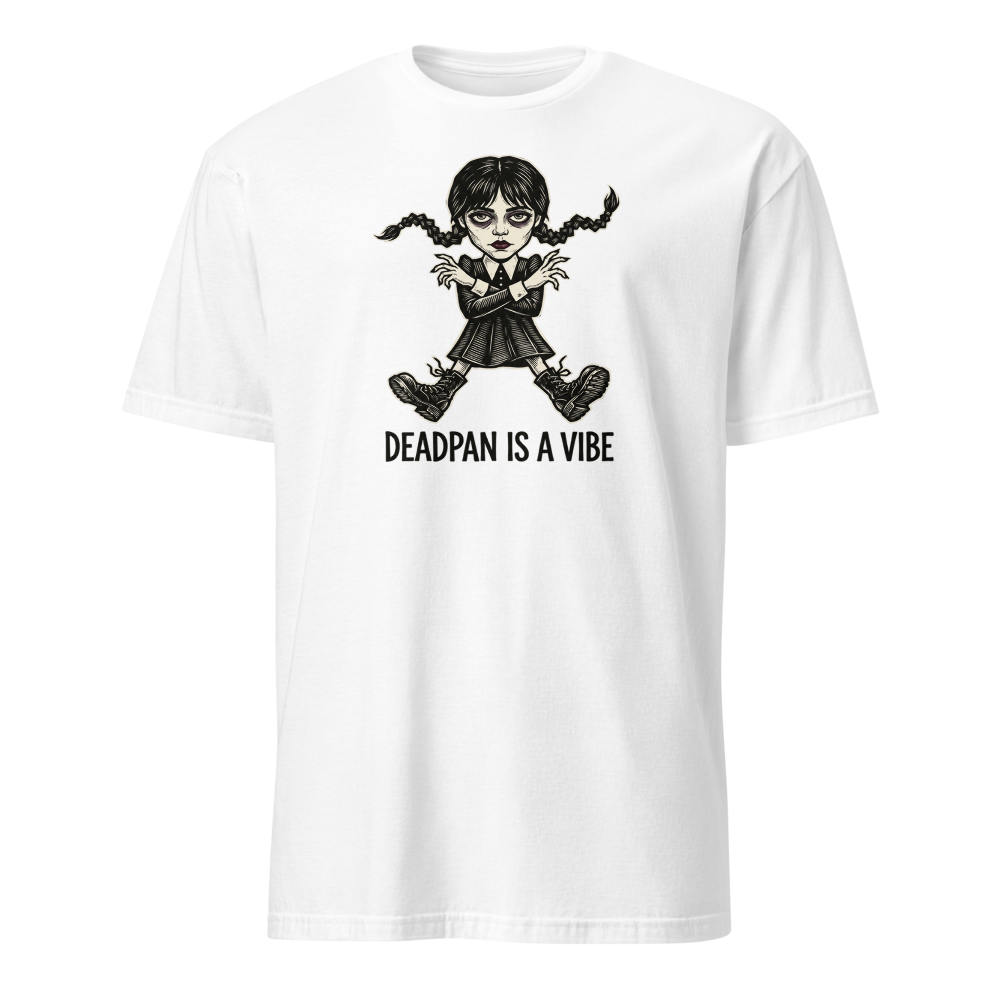 Deadpan Goth Dance Puppet Blackwork Linocut Tee — white front view