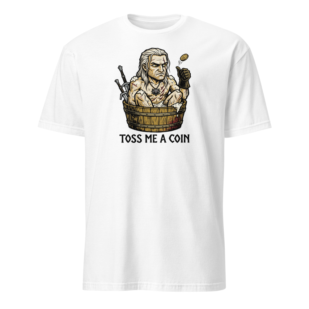 Grumpy Monster Hunter Bathtub Coin Toss Woodcut Tee — white front view