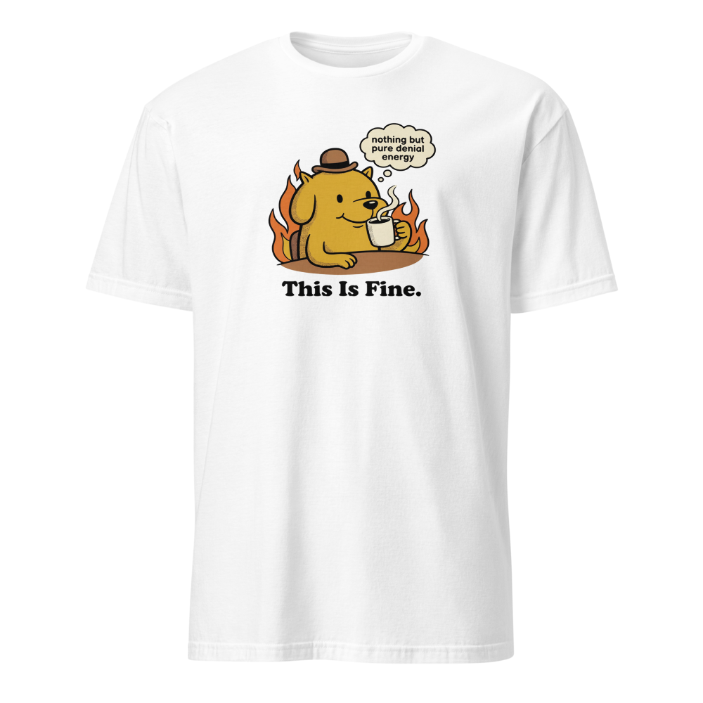 Everything's Fine Coffee Dog Meme Tee — white front view