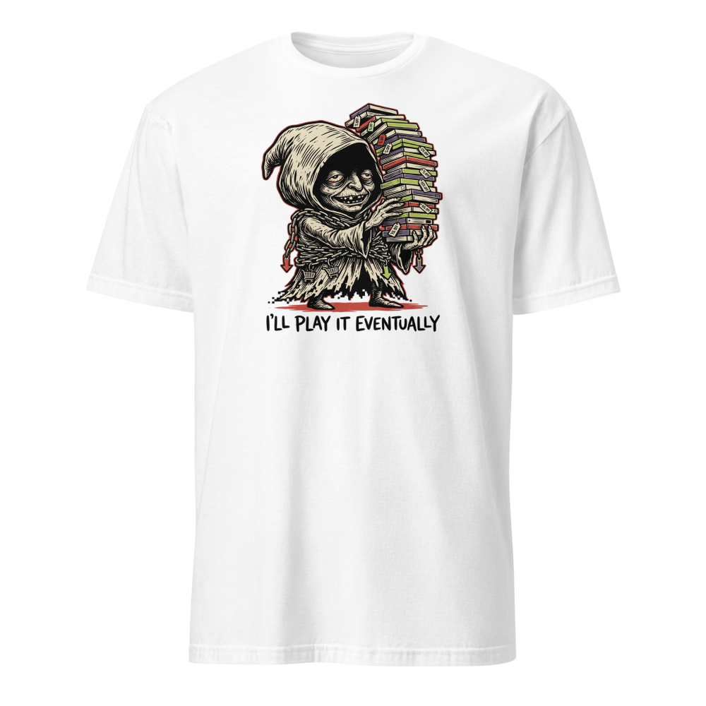 Eternal Sale Backlog Gremlin Linocut Gamer Tee — white front view