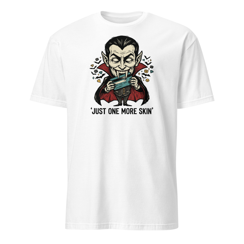 Microtransaction Vampire Woodcut Gaming Meme Tee — white front view