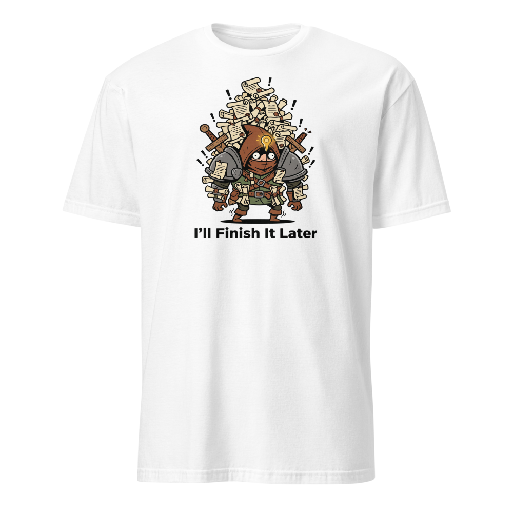 Side Quest Hoarder Retro RPG Gamer Tee — white front view