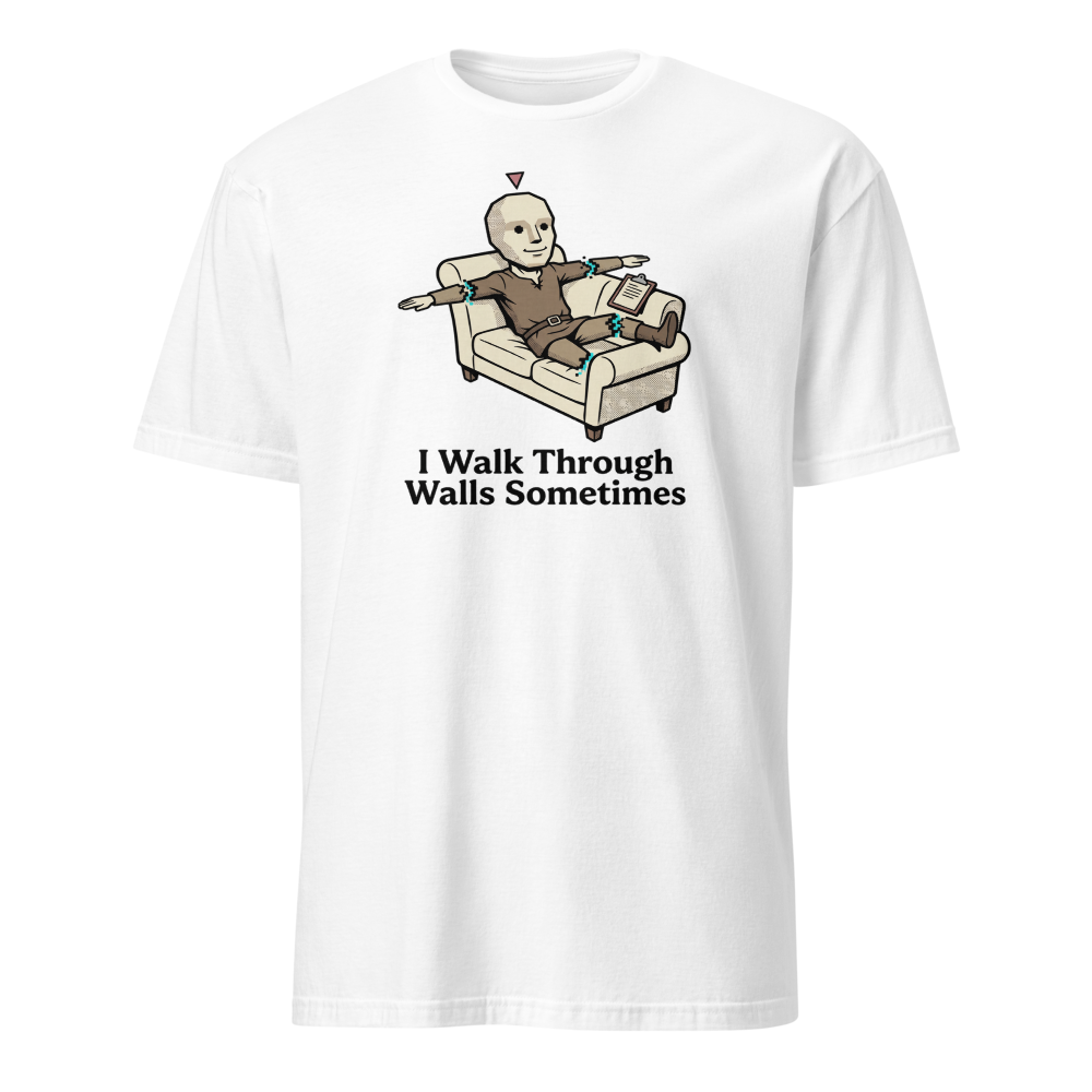 Glitched NPC Therapy Couch Wall-Walk Gamer Tee — white front view