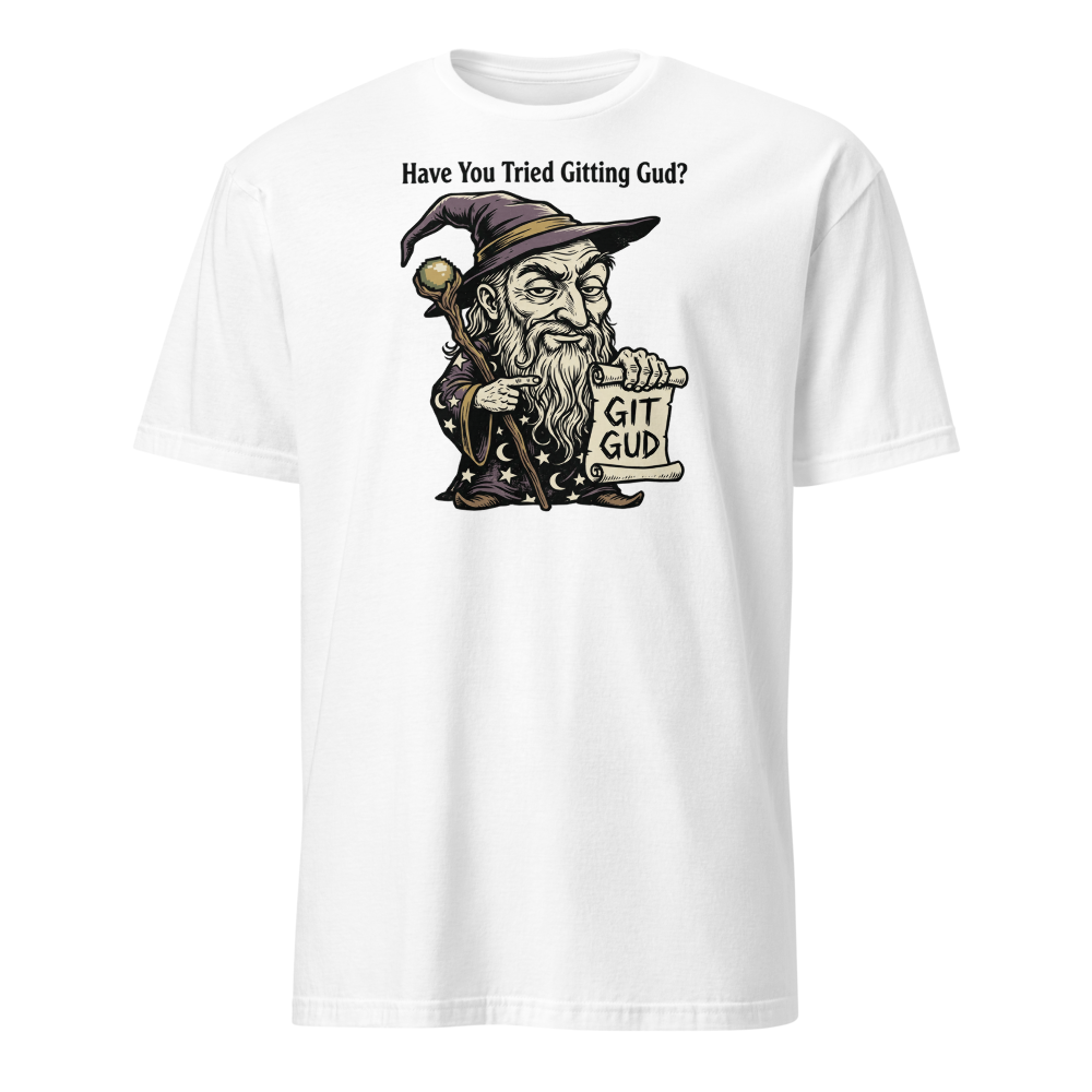 Git Gud Wizard Mentor Woodcut Gamer Meme Tee — white front view