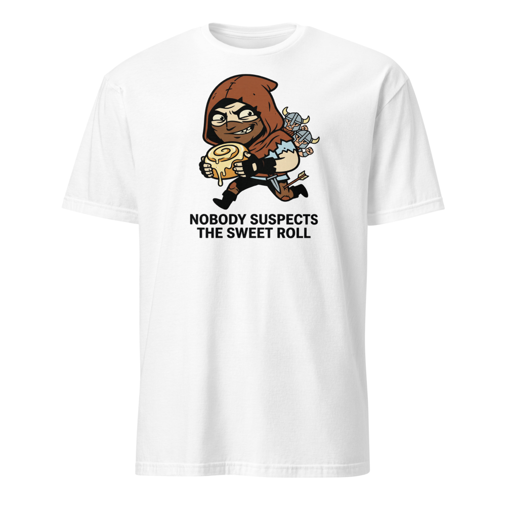 Nobody Suspects The Sweet Roll Retro RPG Thief Tee — white front view