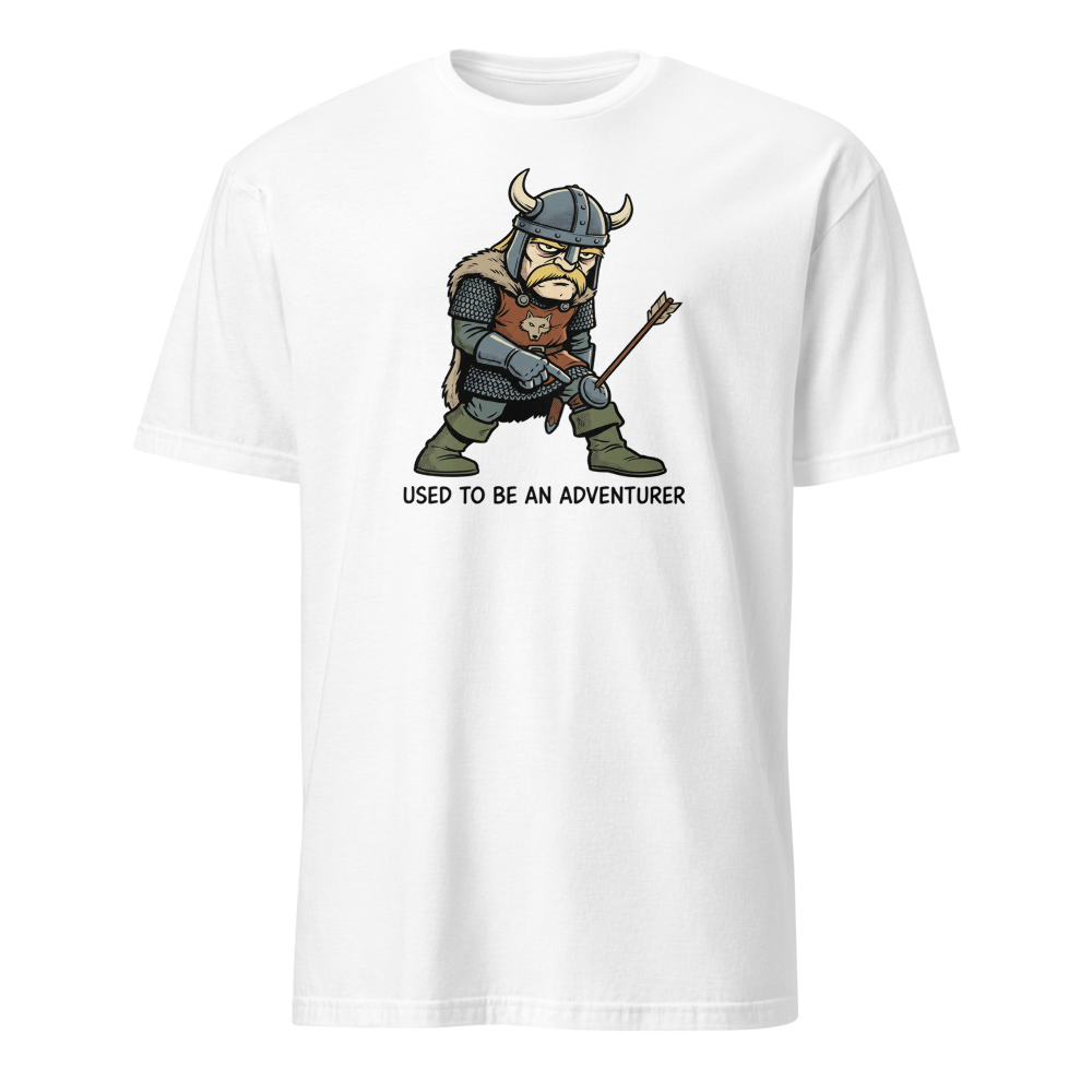 Retired Adventurer City Guard Comic Ink Tee — white front view