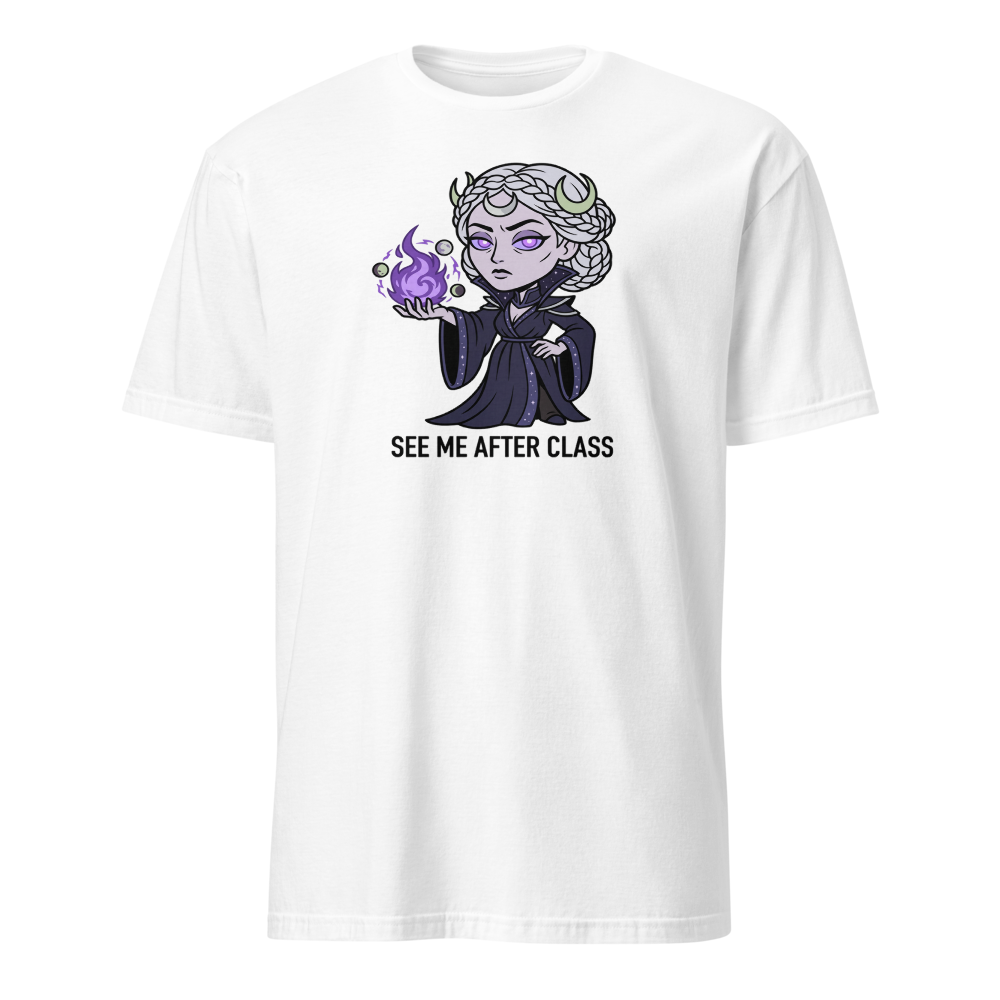 Witch Instructor See Me After Class Spell Tee — white front view