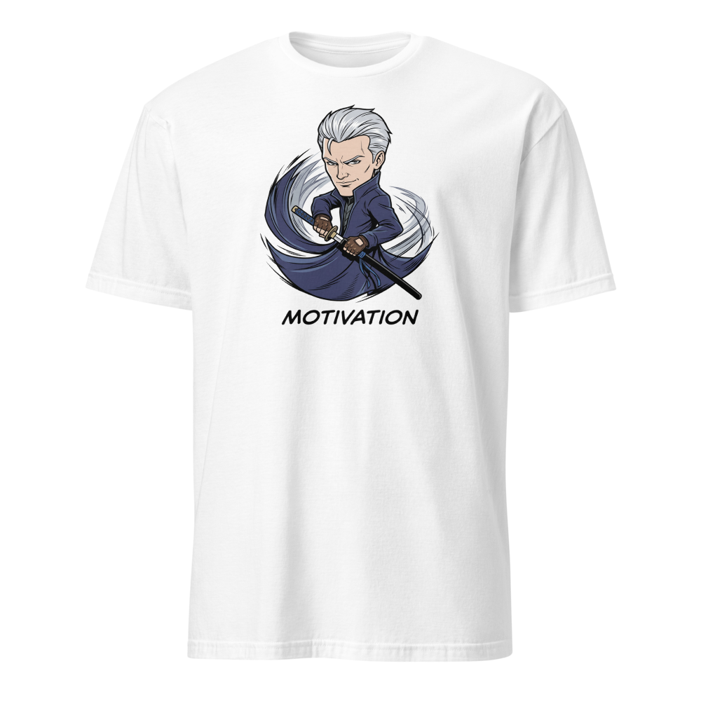 Stoic Swordsman Judgement Slash Motivation Tee — white front view