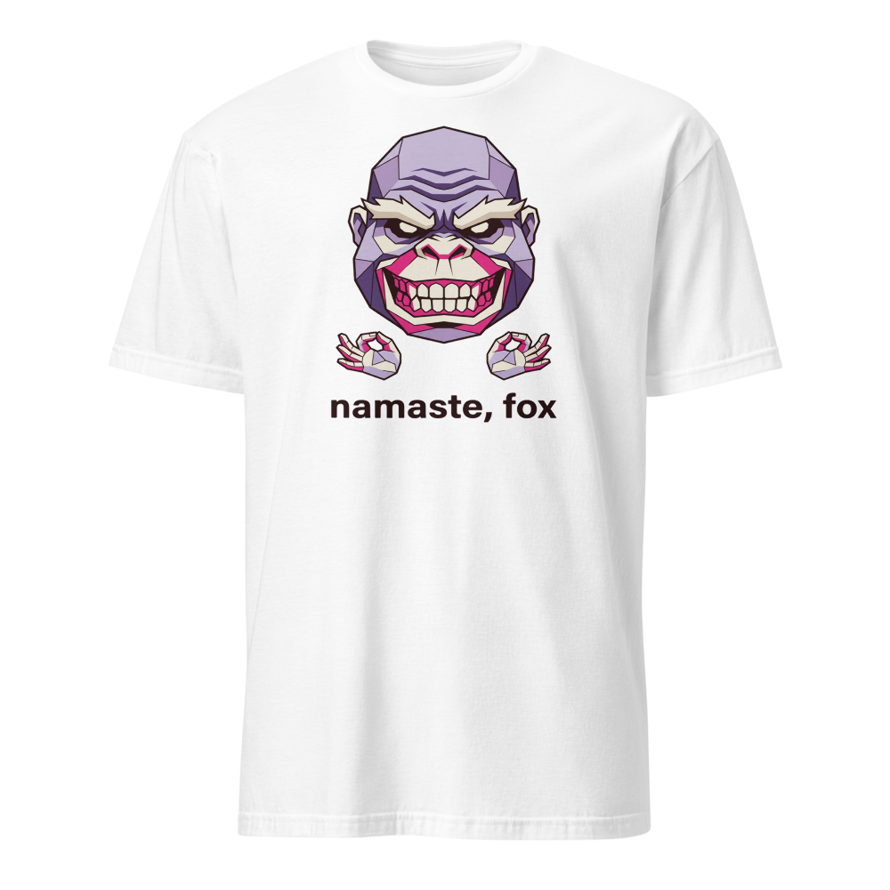Namaste Fox Meditating Ape Boss Low Poly Tee — white front view