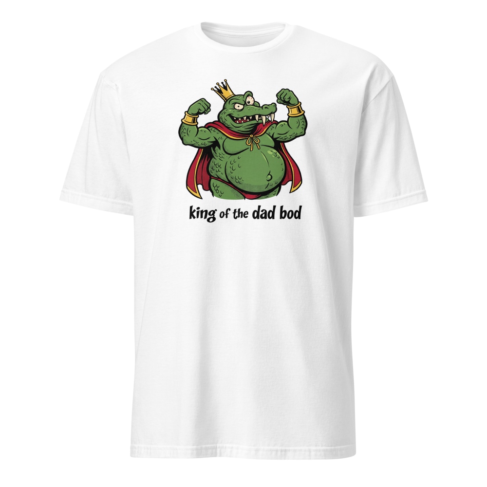 King of the Dad Bod Crocodile Pirate Comic Tee — white front view