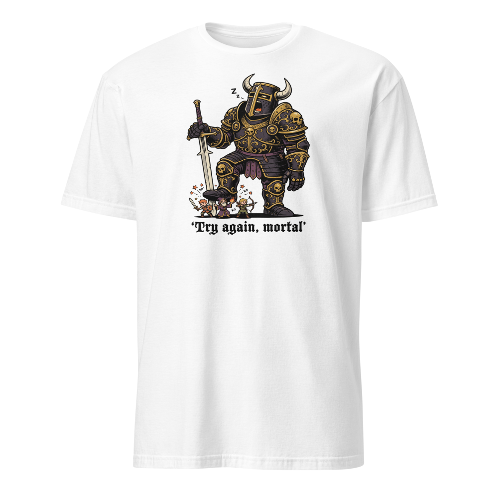 Try Again Mortal Optional Superboss RPG Tee — white front view