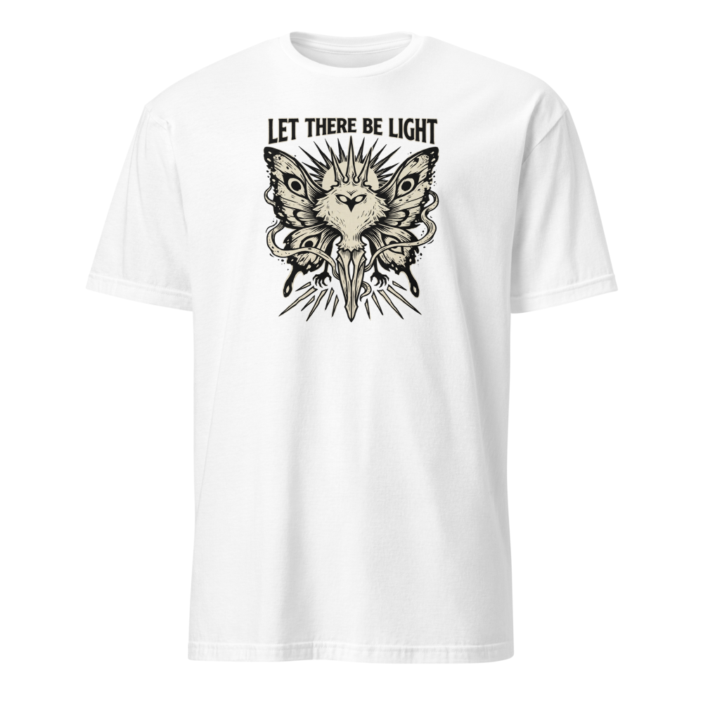 Moth Goddess Blackwork Linocut Let There Be Light Tee — white front view
