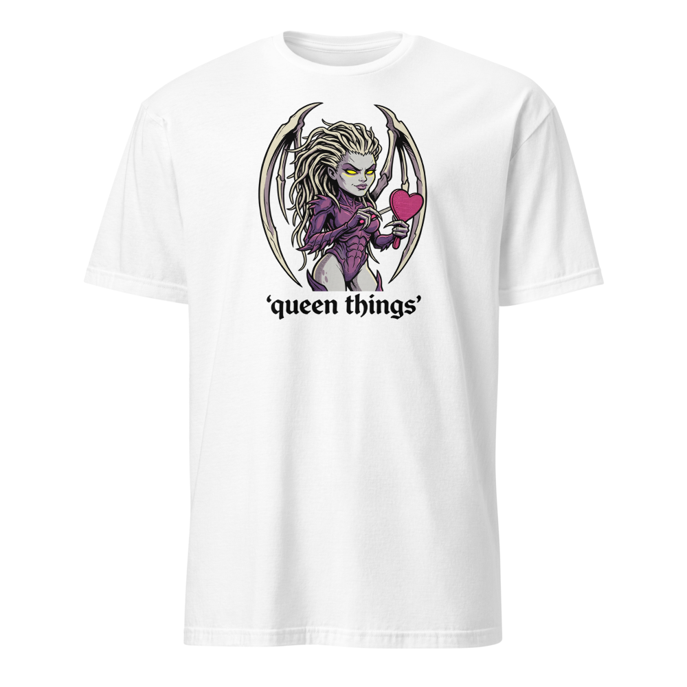 Queen Things Bone-Blade Vanity Boss Comic Ink Tee — white front view