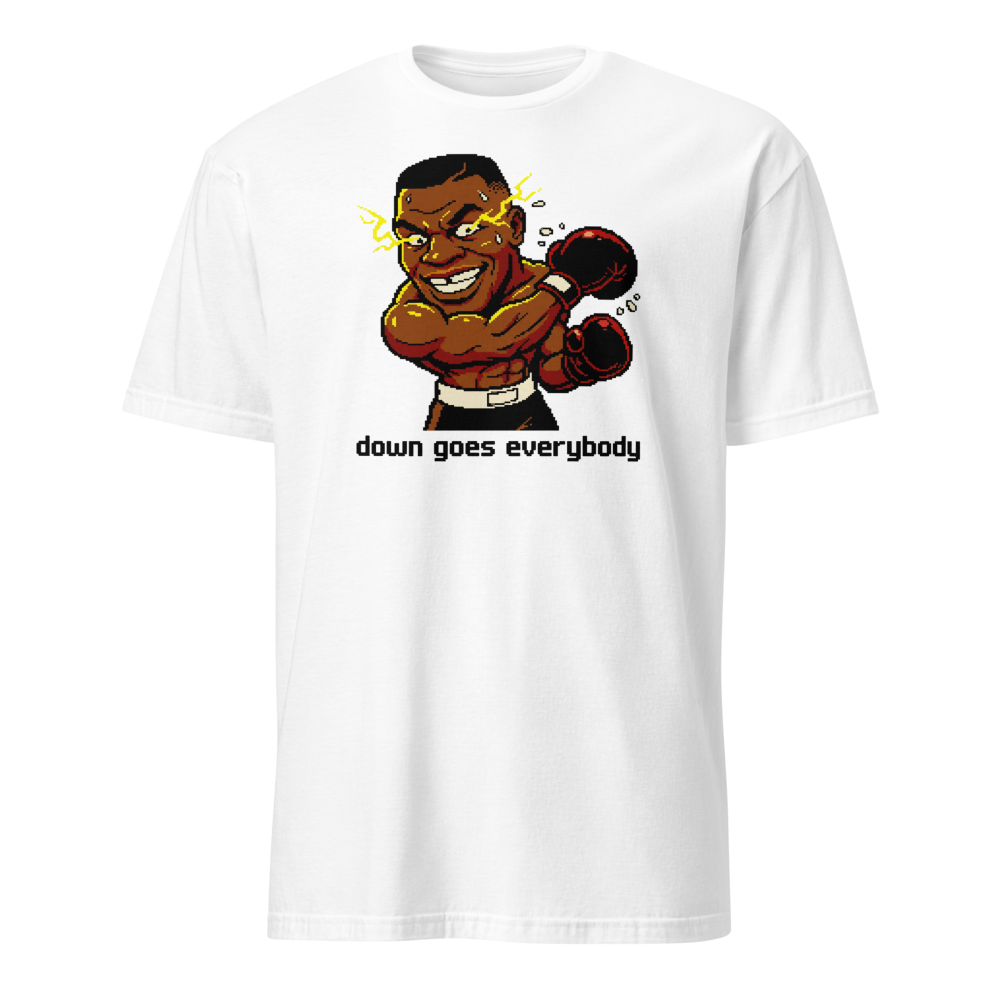16-Bit Pixel Boxer Down Goes Everybody Retro Tee — white front view