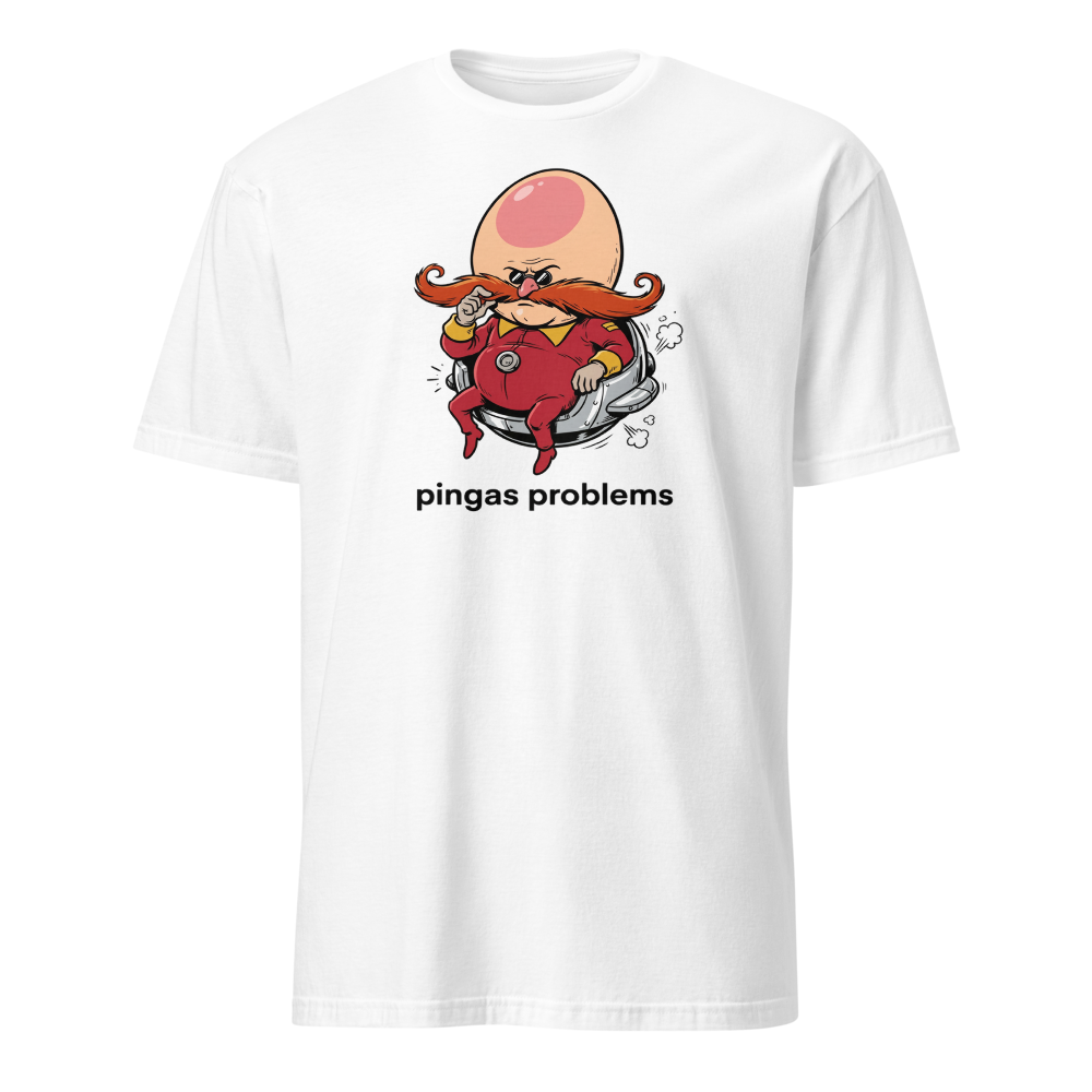 Egg-Shaped Villain Hover Pod Problems Tee — white front view