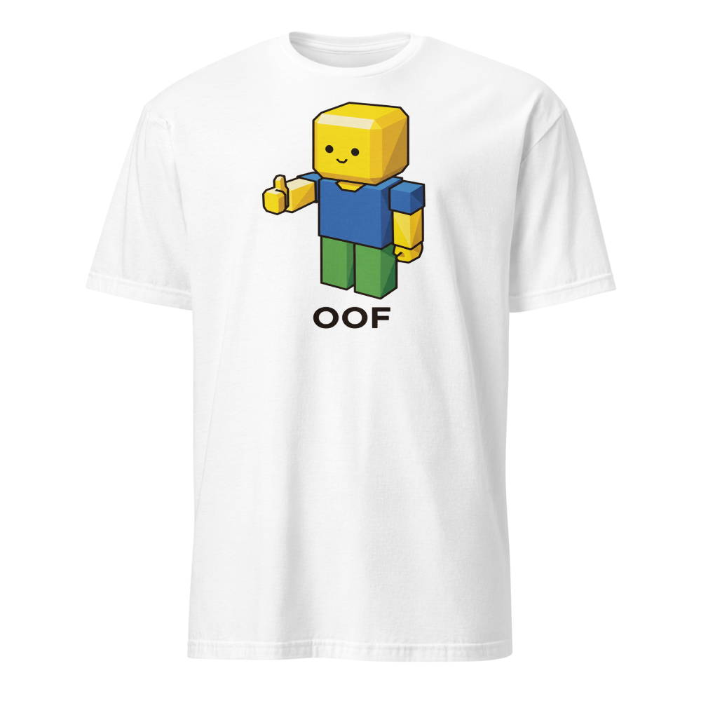 Low-Poly Blocky Noob Oof Sandbox Gamer Tee — white front view