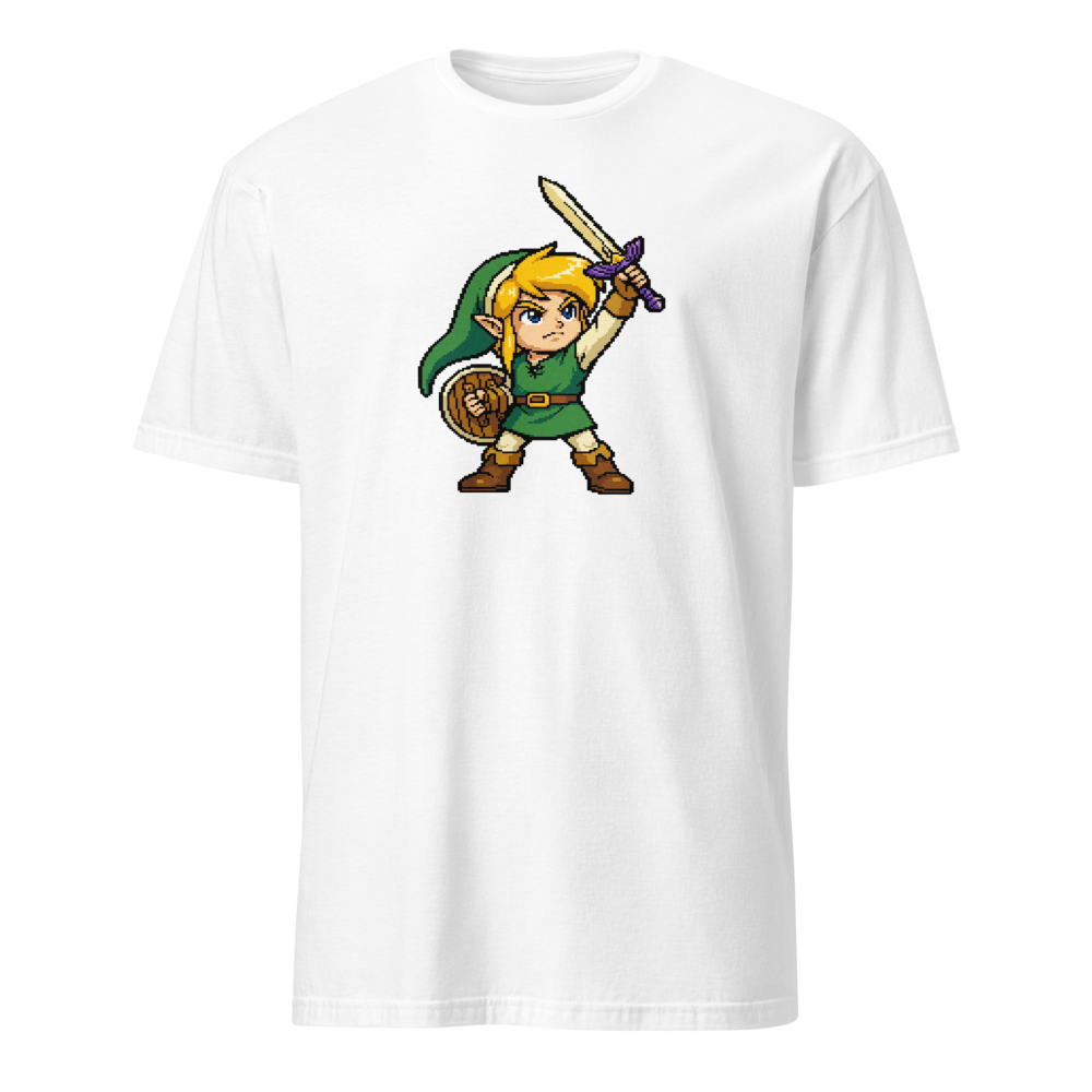16-Bit Pixel Hero Sword Raise Retro Gamer Tee — white front view