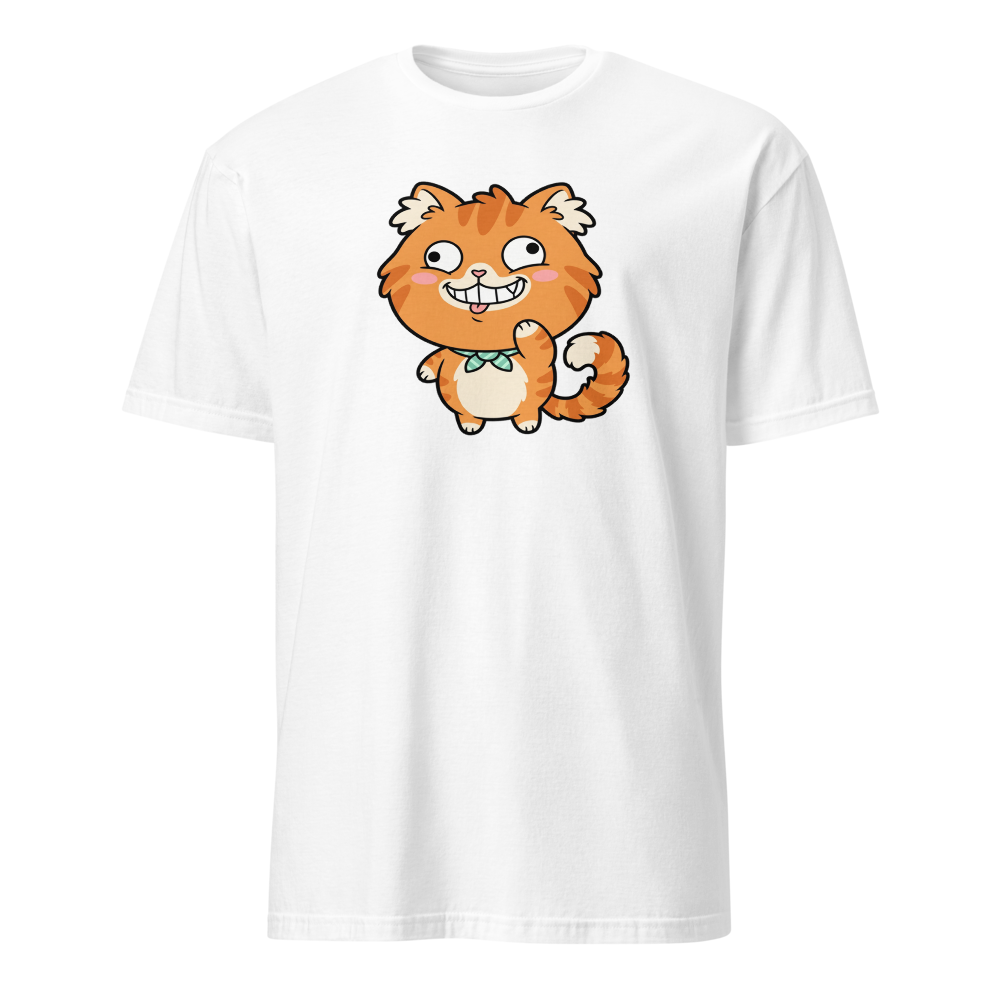 Derpy Orange Tabby Chibi Meme Cat Tee — white front view
