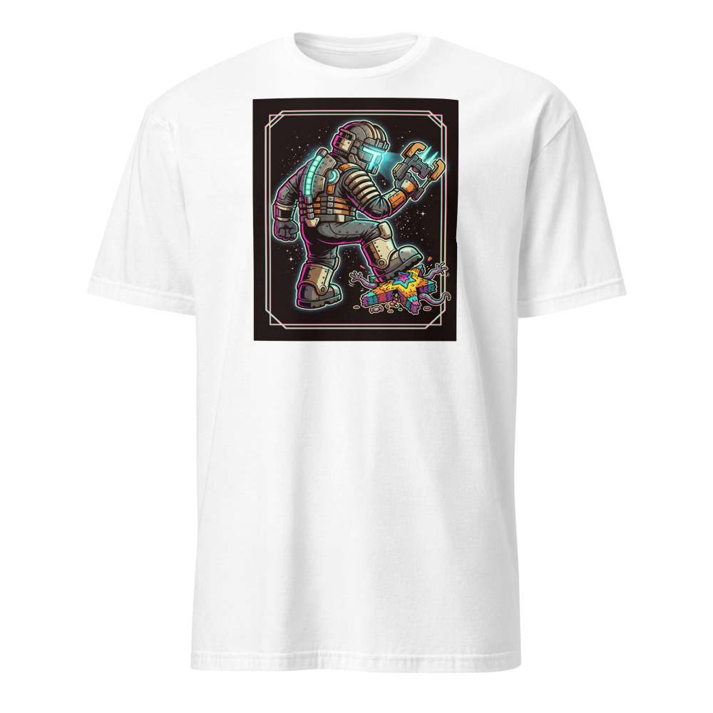 Haunted Space Engineer Piñata Stomp Neon Noir Tee — white front view