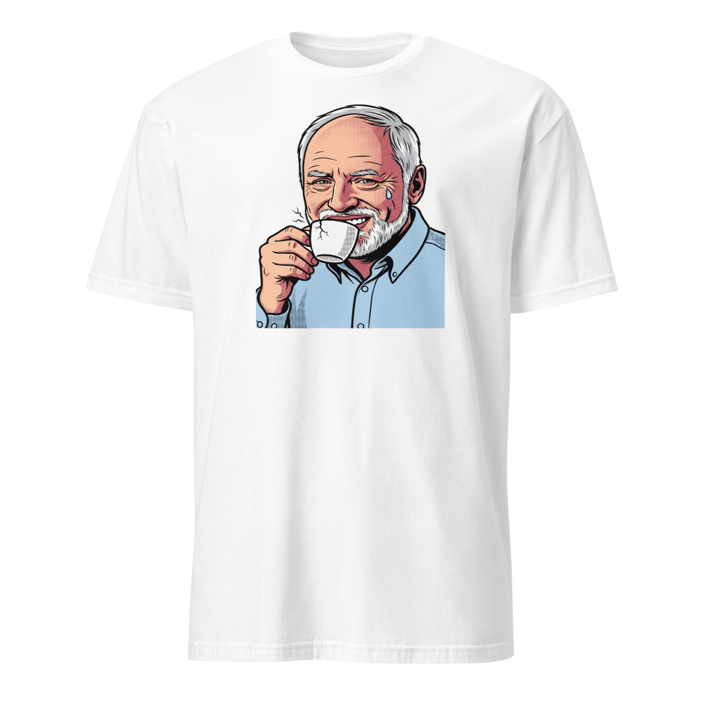 Fake Smile Coffee Guy Halftone Pop Art Meme Tee — white front view