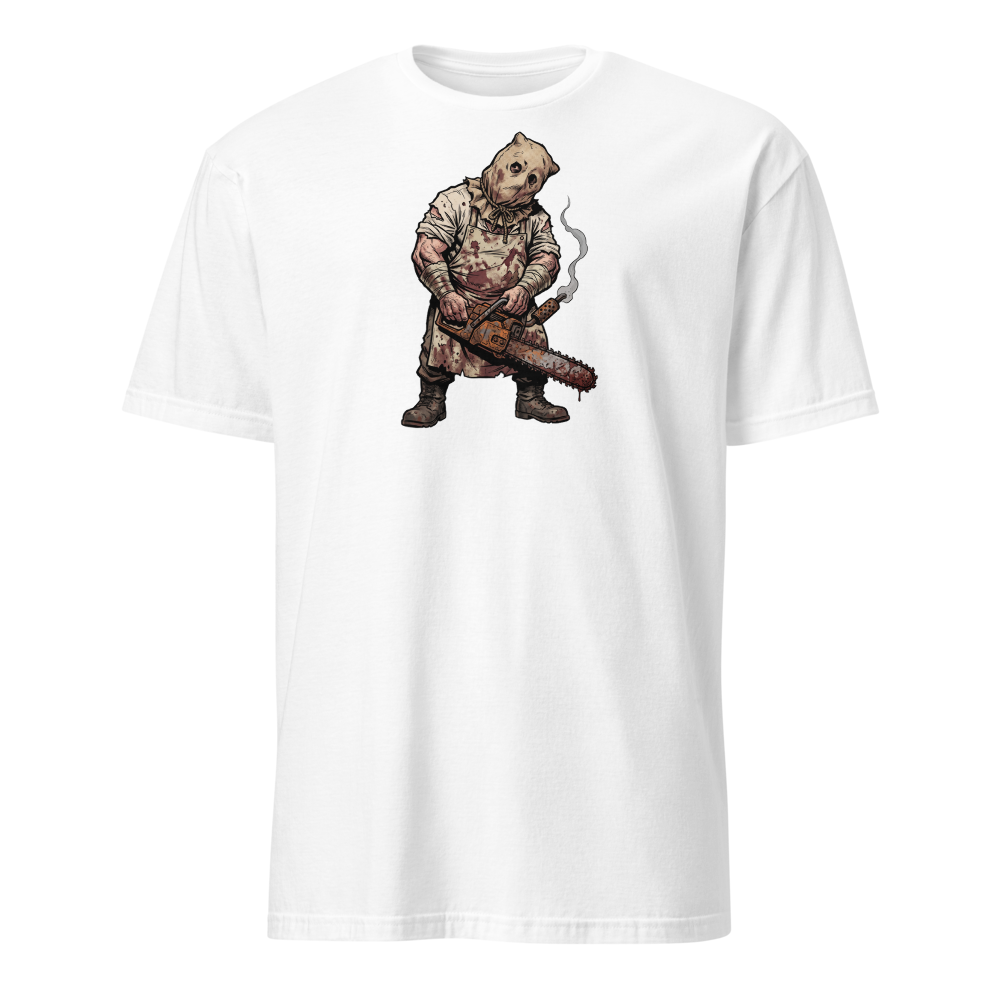 Sack Mask Chainsaw Executioner Horror Tee — white front view