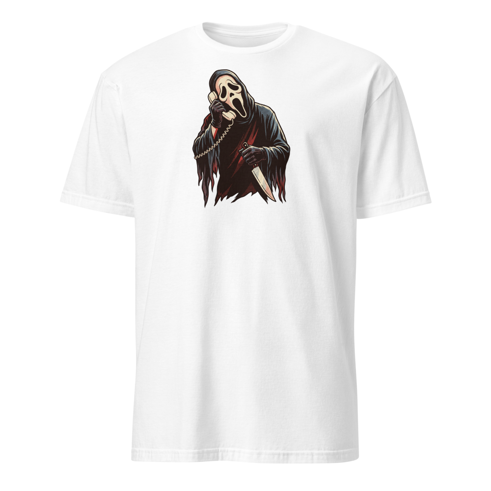 Masked Phone Caller On Hold Halftone Horror Tee — white front view