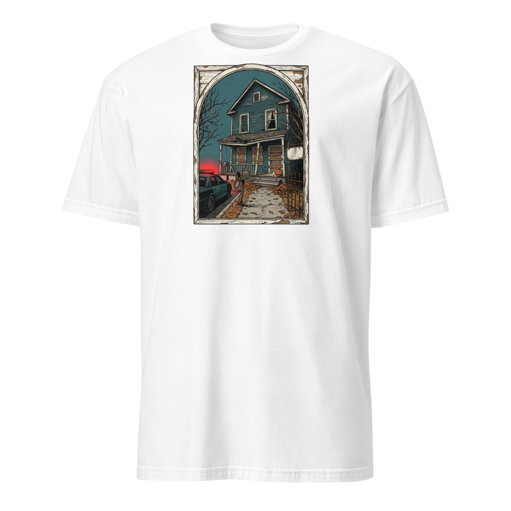 Haunted House Halloween Night Screen Print Horror Tee — Classic Tee — white front view