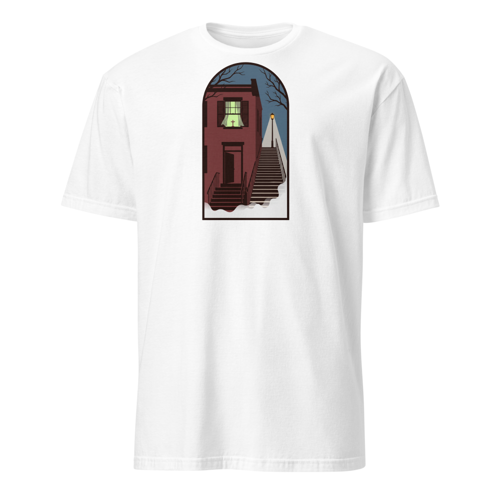 Haunted Row House Stone Stairs Horror Night Tee — Classic Tee — white front view
