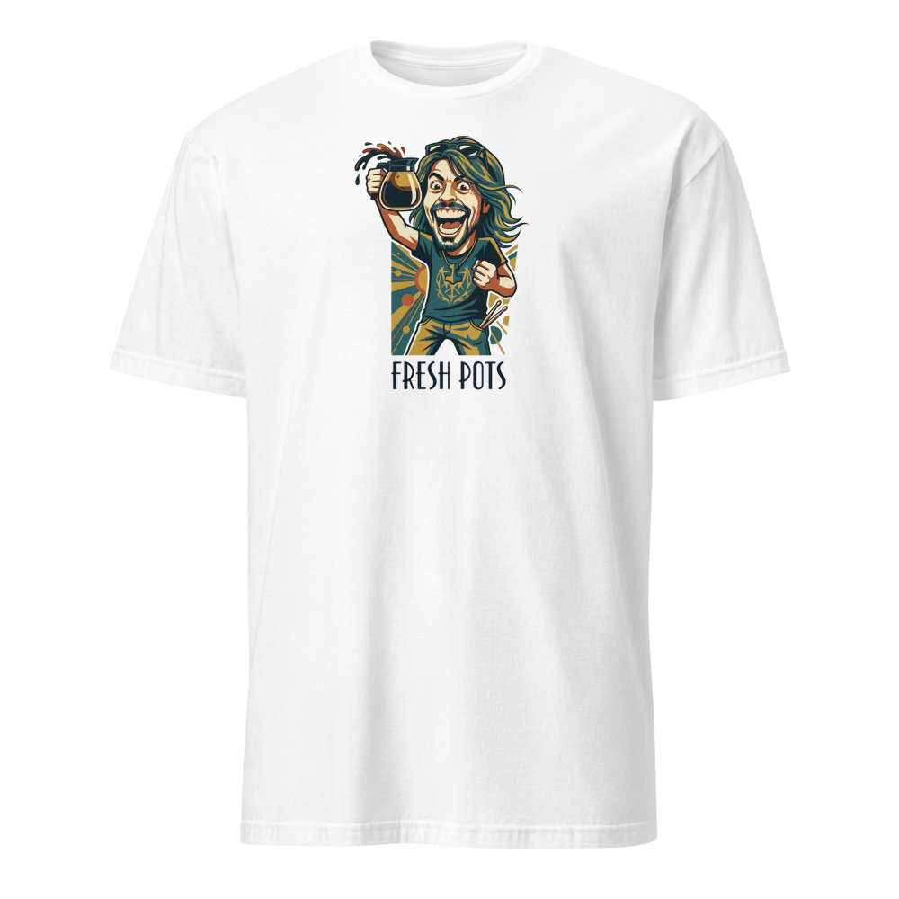 Fresh Pots Coffee Fueled Rock Drummer Art Deco Poster Tee — Classic Tee — white front view