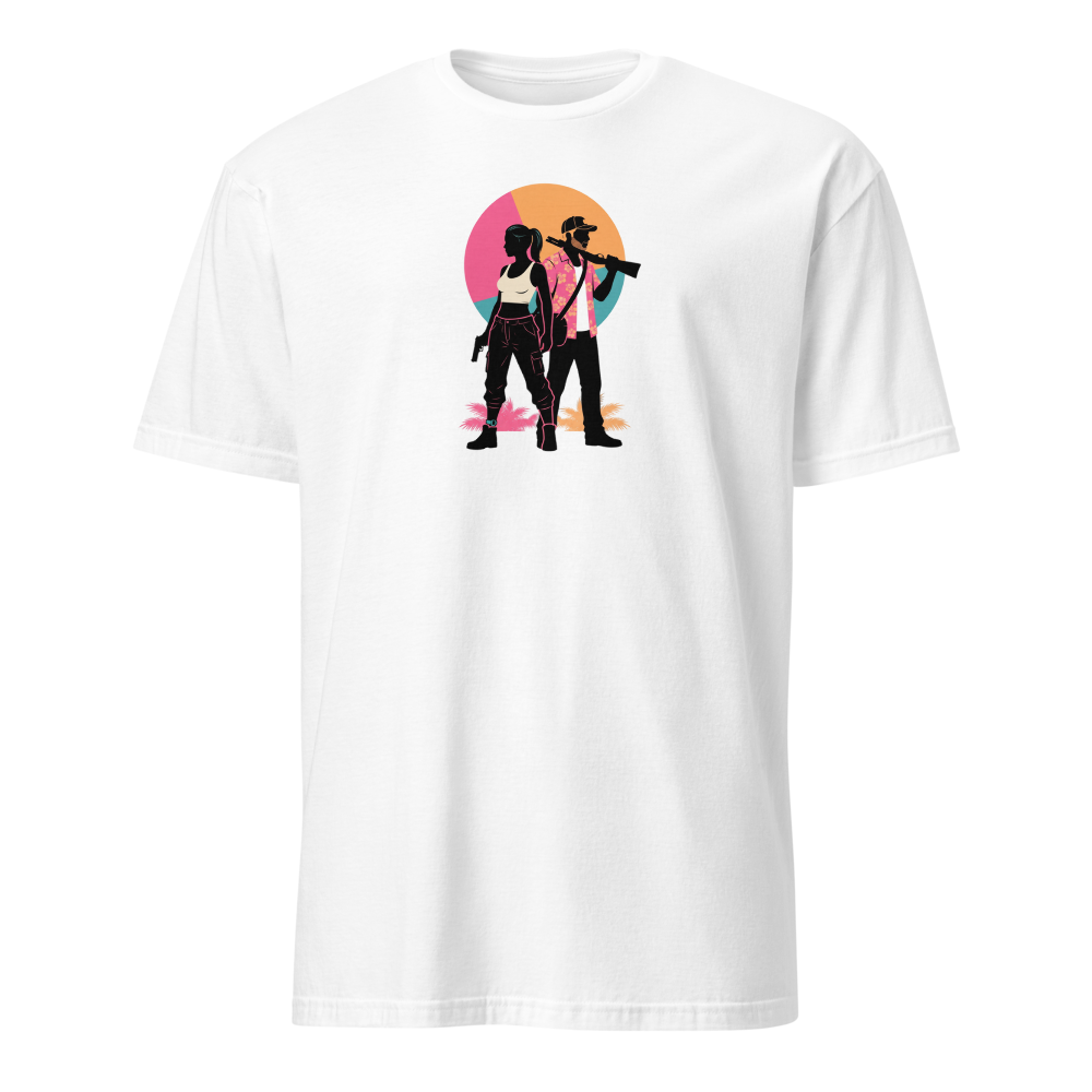 Outlaw Couple Neon Sunset Crime Duo Graphic Tee — white front view