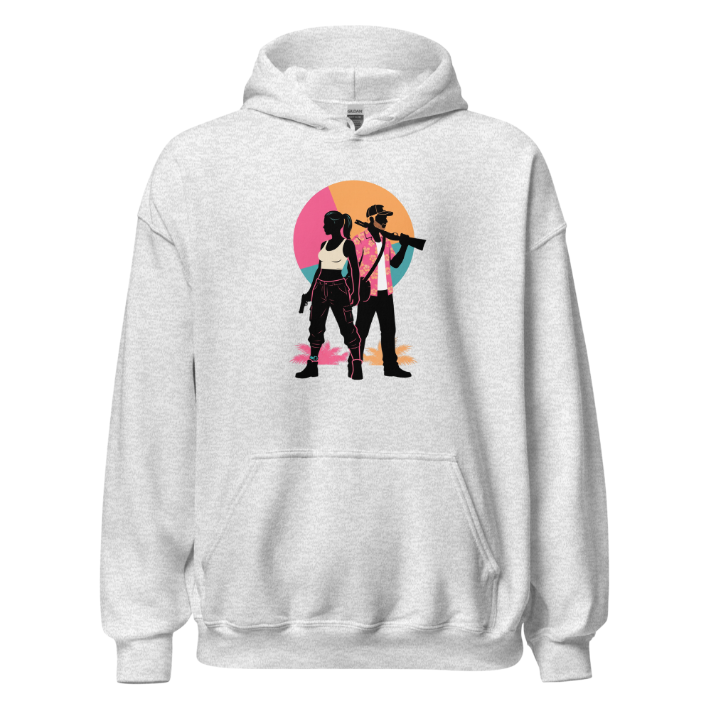 Outlaw Couple Neon Sunset Crime Duo Graphic Tee — ash front view