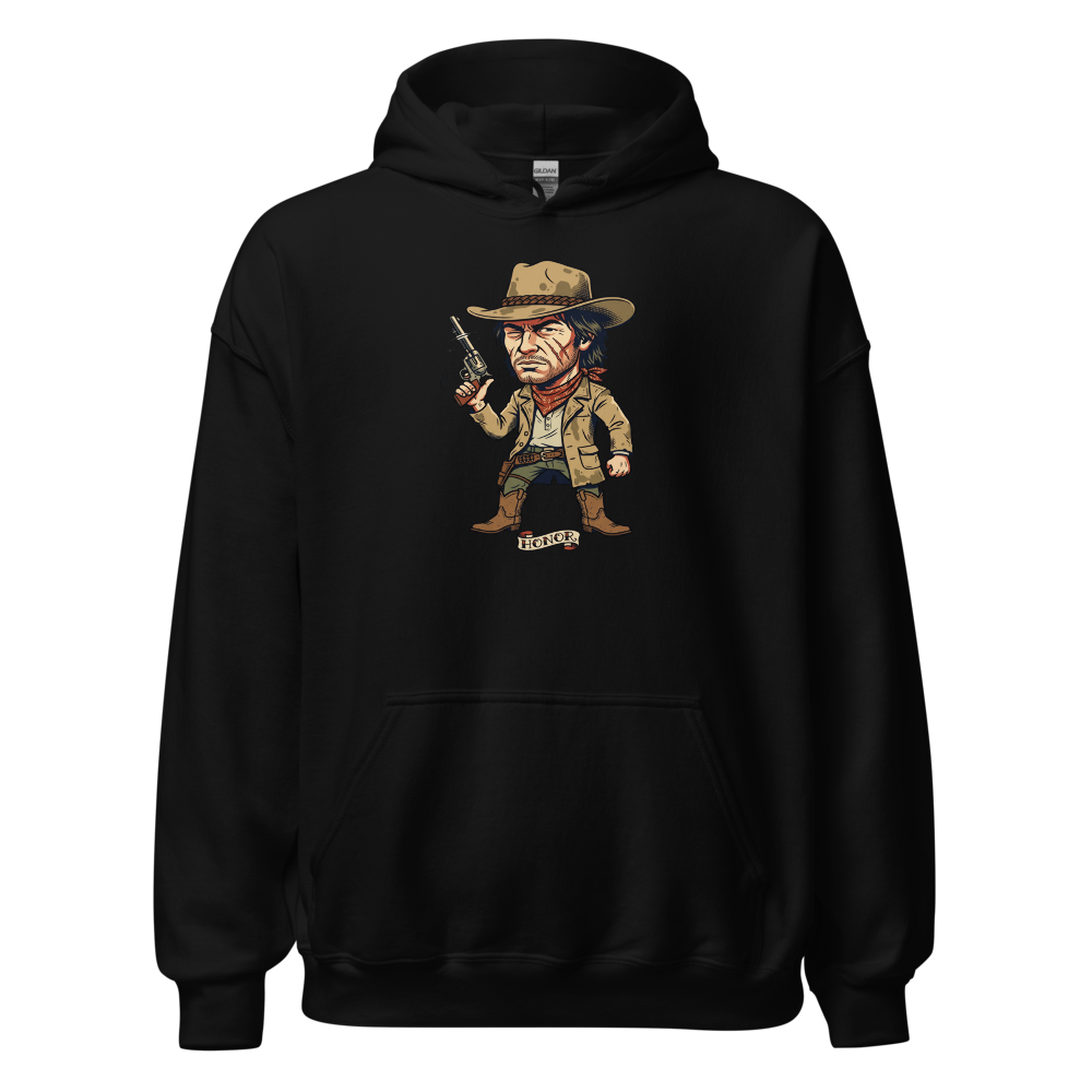 Scarred Outlaw Revolver Spinner Tattoo Flash Tee — black front view