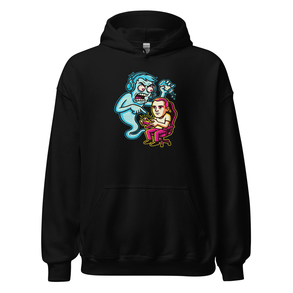 Salty Ghost Backseat Gamer Halftone Pop Art Tee — black front view
